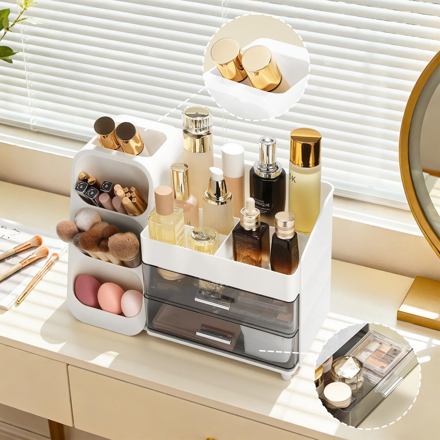 Delamu Makeup Organizer Countertop, Spacious Cosmetic Display Case with Makeup Brush Holder, Perfect Vanity Bathroom Organizer and Storage, Ideal Christmas Gifts for Women Girls, White
