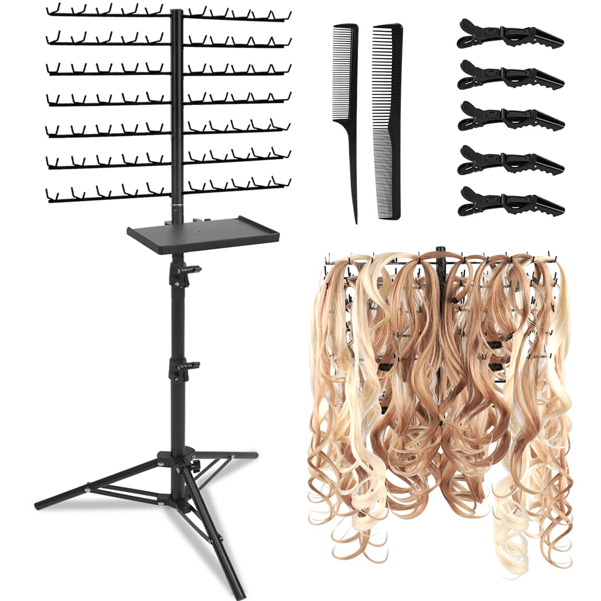 BRIAN & DANY 140-Peg Braiding Hair Rack Standing, Height Adjustable Hair Extension Holder with Salon Tray, Hair Separator Stand for Hairstylist Braiders, Black
