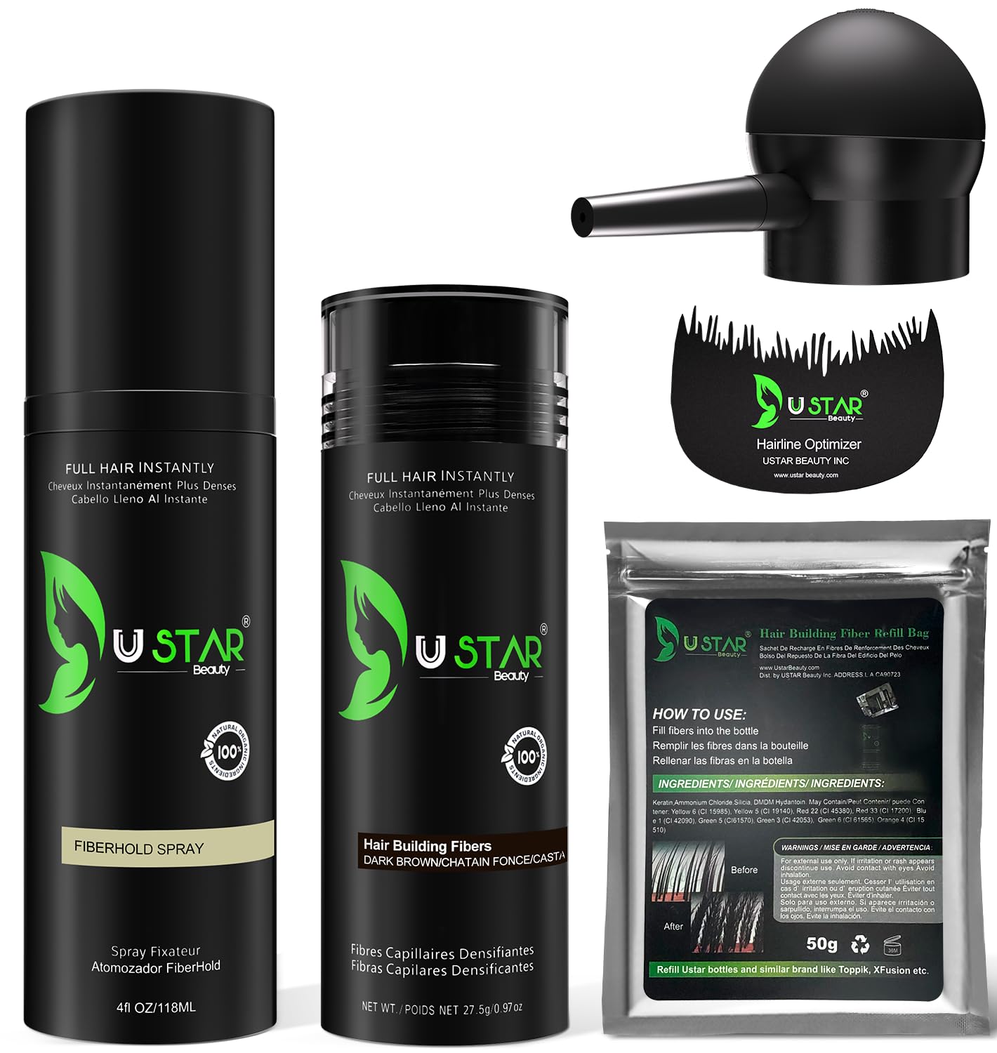 Hair Building Fibers 77.5g, USTAR 5 in 1 Hair Fibers for Thinning Hair with Holding Spray for Instantly Thicker, Fuller Look, Styling Hair Powder for Men & Women (Dark Brown)