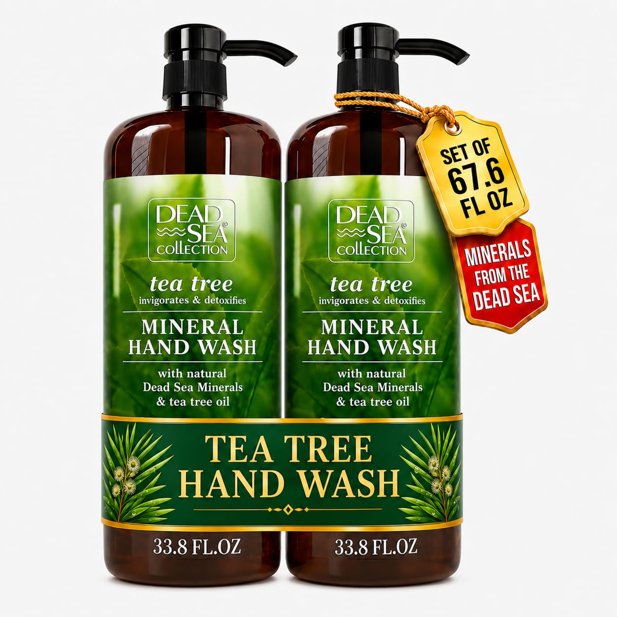 Dead Sea Collection Hand Soap Pump Tea Tree - Hand Wash Liquid with Dead Sea Minerals and Tea Tree Nourishing - Invigorates & Detoxifies Oil - Gentle for All Skin Types Pack of 2 (33.8 Fl Oz Each)