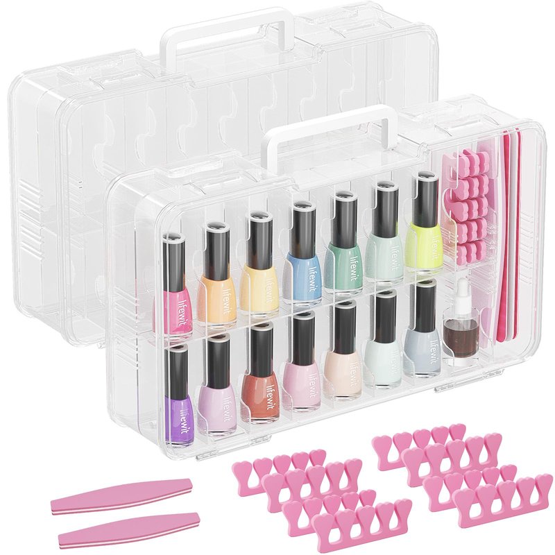 Lifewit Nail Polish Organizer Case for 36 Bottles with 8 Adjustable Sections, Portable Sturdy Gel Nail Polish Storage Holder with 4 Nail Separators, Clear, 33 × 8 × 20 cm/13 x 3 x 8 inch, 2 Pack