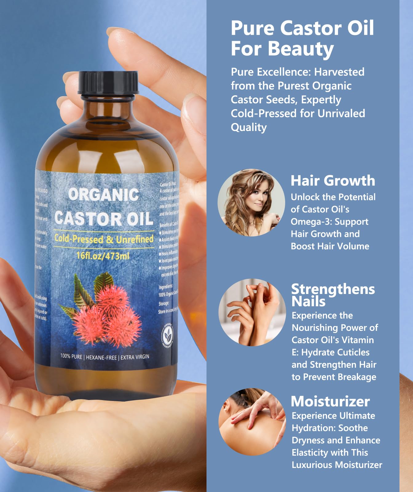VRJEUGO Castor Oil Organic Cold Pressed Unrefined Glass Bottle, Organic Castor Oil for Face, Hair Growth & Thicker Eyelashes, 100% Pure and Hexane Free, 16oz