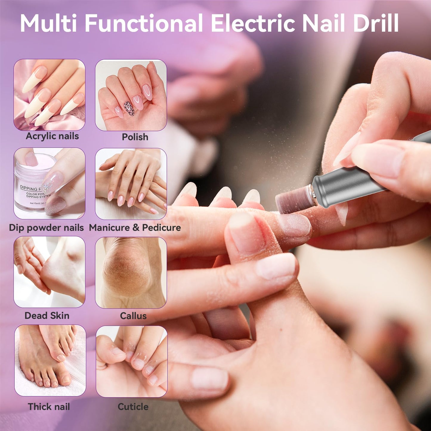 RAZOWISE Portable Electric Nail Drill File 5 Speeds 12 in 1 with LED Display Rechargeable Professional Efile for Natural Acrylic Gel Powder Manicure Pedicure Nails, Pink