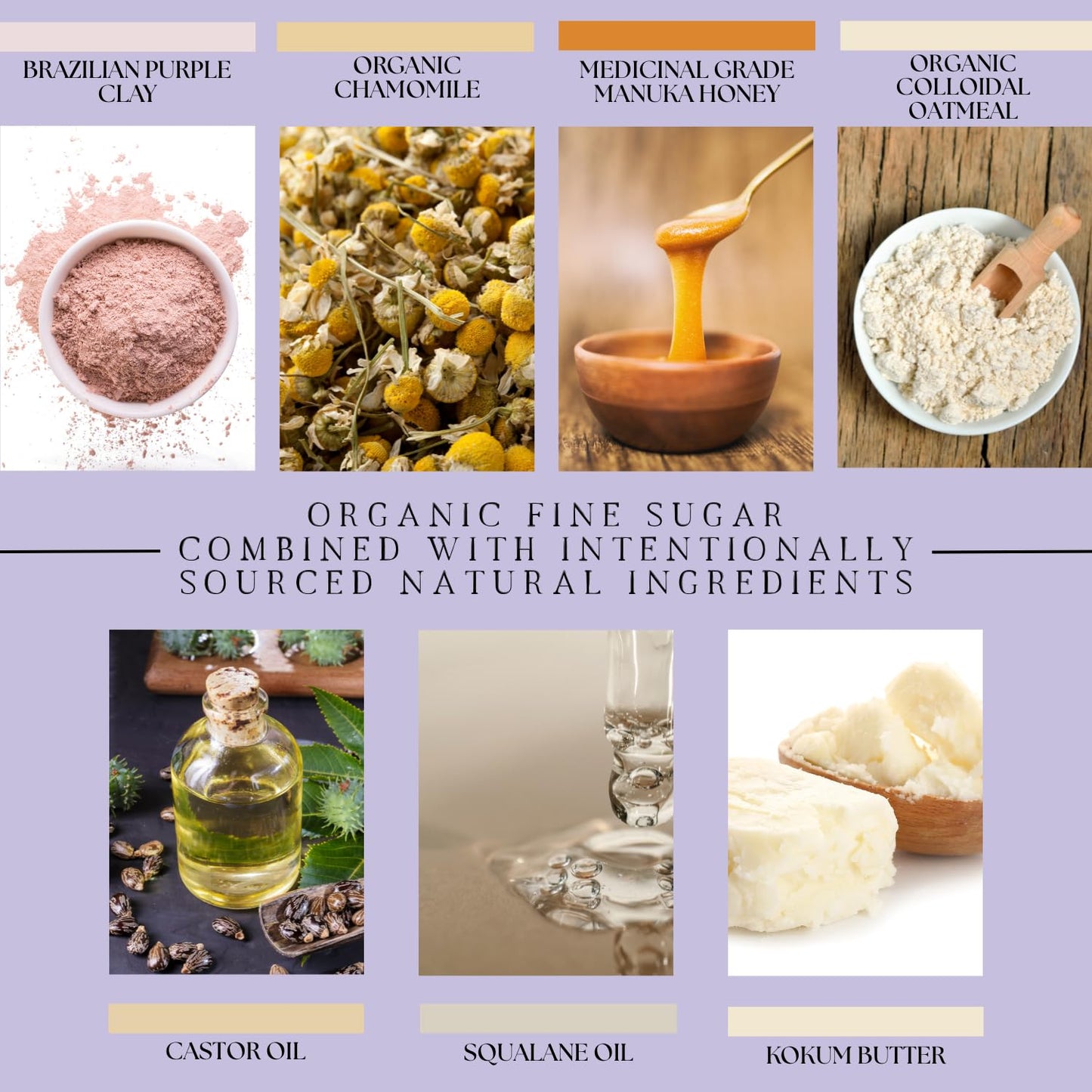Emulsified Face Sugar Scrub, Organic squalane oil/Castor oil: infused Chamomile, Kokum Butter, Purple Clay, Colloidal Oatmeal, Manuka Honey-Gentle exfoliant: Dry/Sensitive/Acne-Prone (NURTURE)