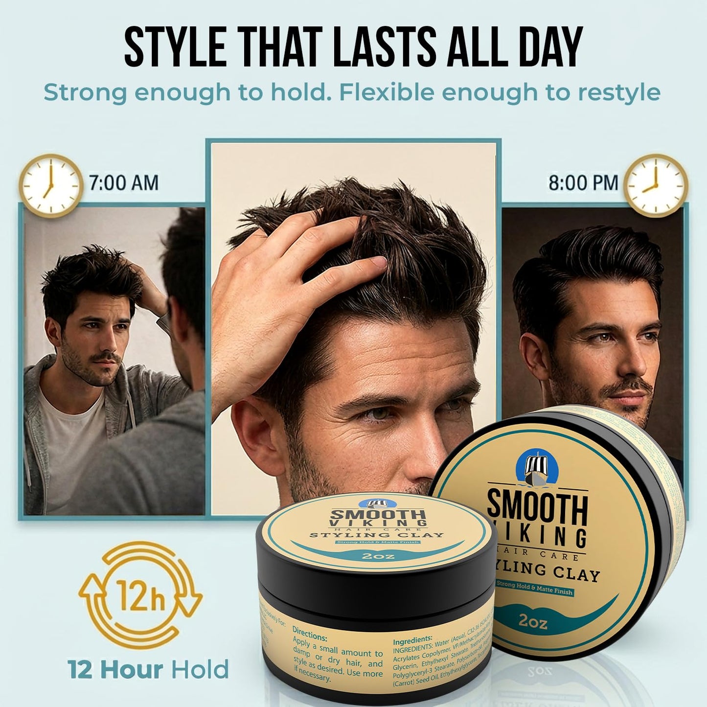Smooth Viking Hair Clay for Men Strong Hold Matte Finish Pomade Texture Styling Paste Natural Thickening Hair Product Easy Wash Out All Type Hairs 2oz