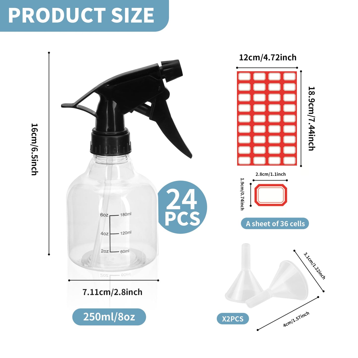 KEJJNYER 24 Pack 8 Oz Plastic Spray Bottles for Cleaning, Empty Clear Spray Bottles With Adjustable Head Sprayer, 8 Oz Small Plastic Spray Bottles with Funnel and Labels for Cleaning Hair Plants