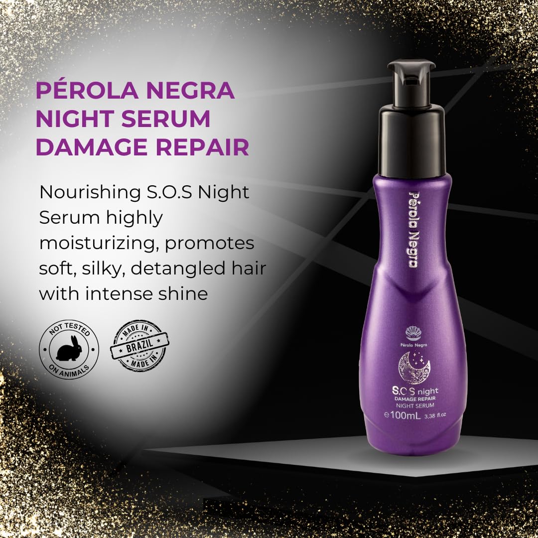PÉROLA NEGRA S.O.S Night Serum - Damage Repair with Vitamin E & Argan Oil | 3.38 Fl. Oz - Nourishing Treatment for Dry Hair