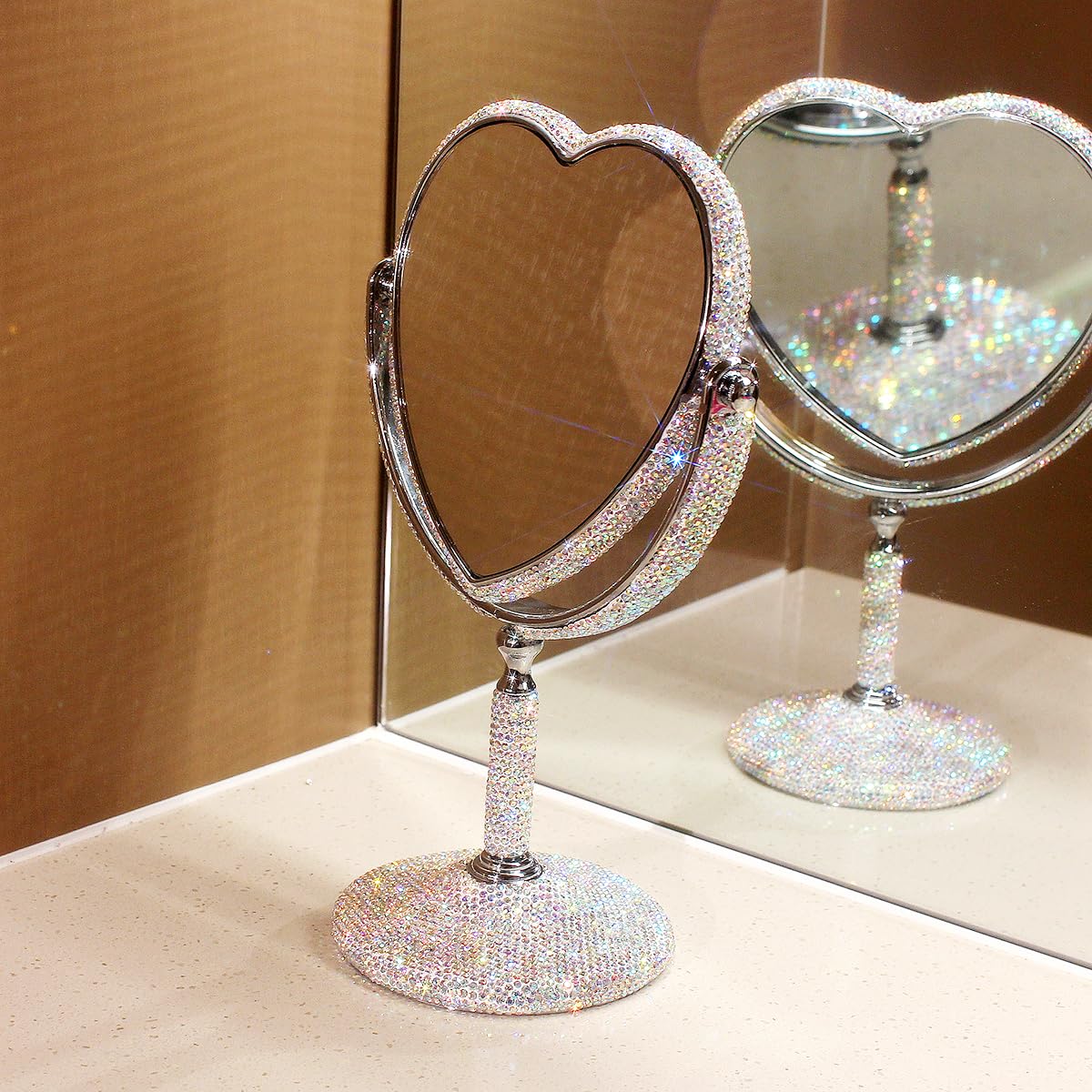 Bestbling Luxury Bling Double-Sided Tabletop Makeup Mirror, Heart Shape Metal Makeup Mirror with 1:2 Magnifying Mirror, Rotating Mirror (Silver)