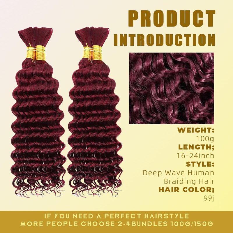 Human Braiding Hair for Boho Braids 18 Inch 110g 2 Bundles/Pack Deep Wave 12A Curly Brazilian Virgin Hair Extensions No Weft Knotless Bulk 1B Black (Deep Wave - 99j, 18 Inch - 110g)