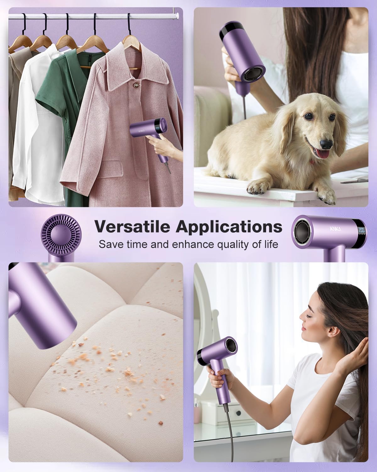 High-Speed 1500W Hair Dryer - Fast-Drying Ionic Technology | 4 Heat Settings, Low Noise, Purple