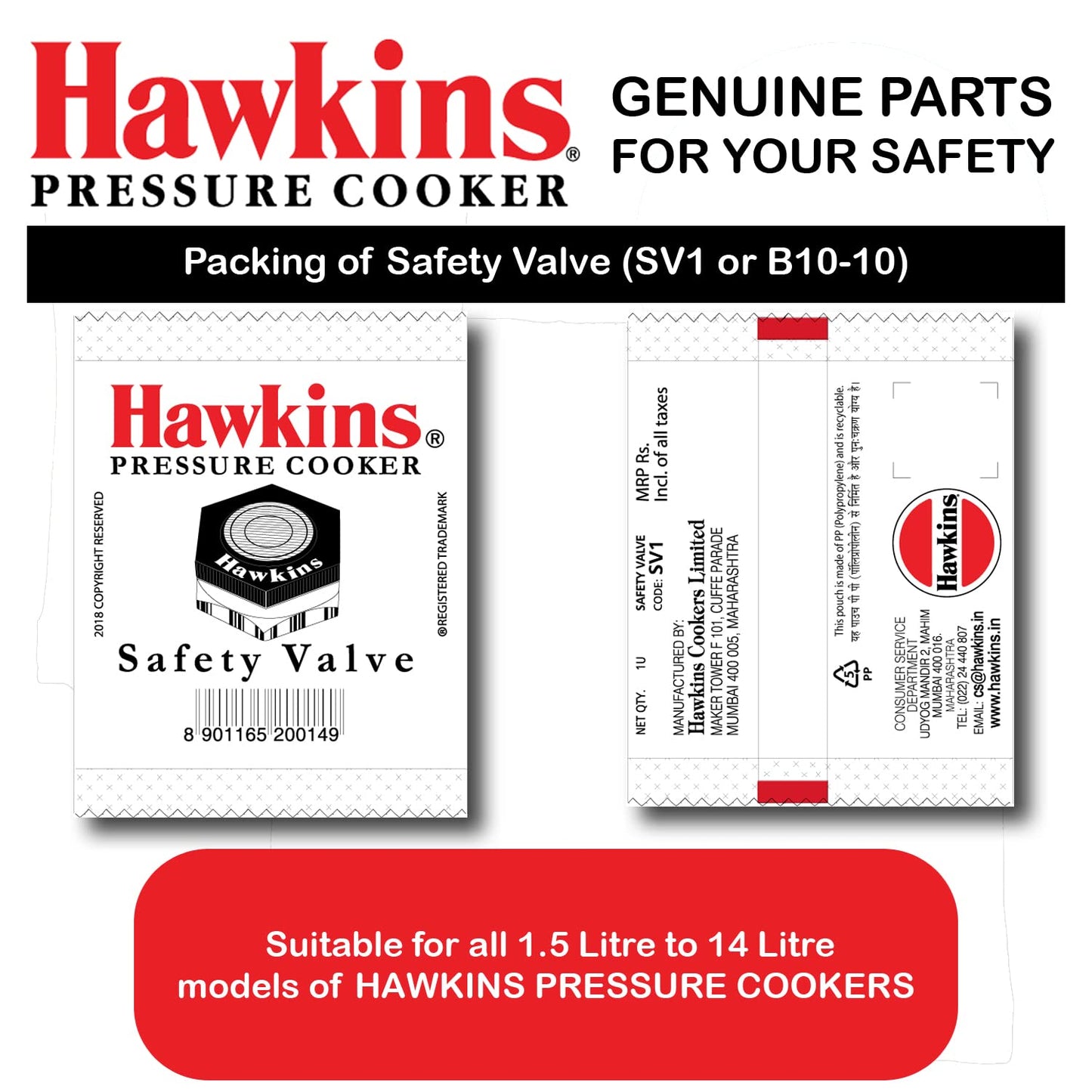 Hawkins Aluminium Safety Valve For All Hawkins Pressure Cookers From 1.5 Litre To 14 Litre, Black, Standard (BP SV), 14 Liter