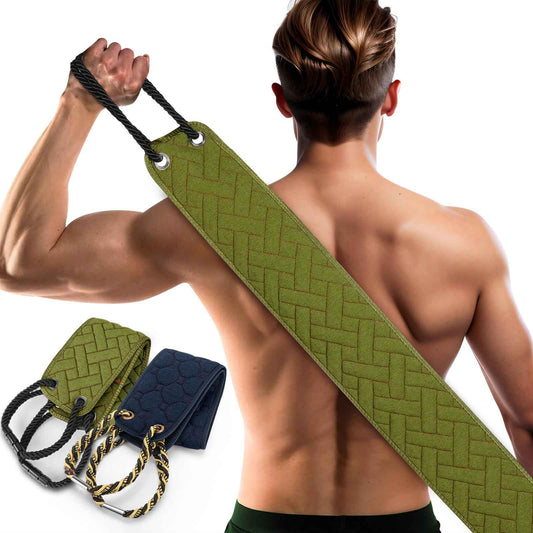 Exfoliating Back Scrubbers with Handles, 38.5 Inch Double-Sided Body Exfoliator Washcloth for Use in Shower, Black Back Scrubber & Green Back Scrubber with Enhanced Handles for Men & Women (2 Pack)