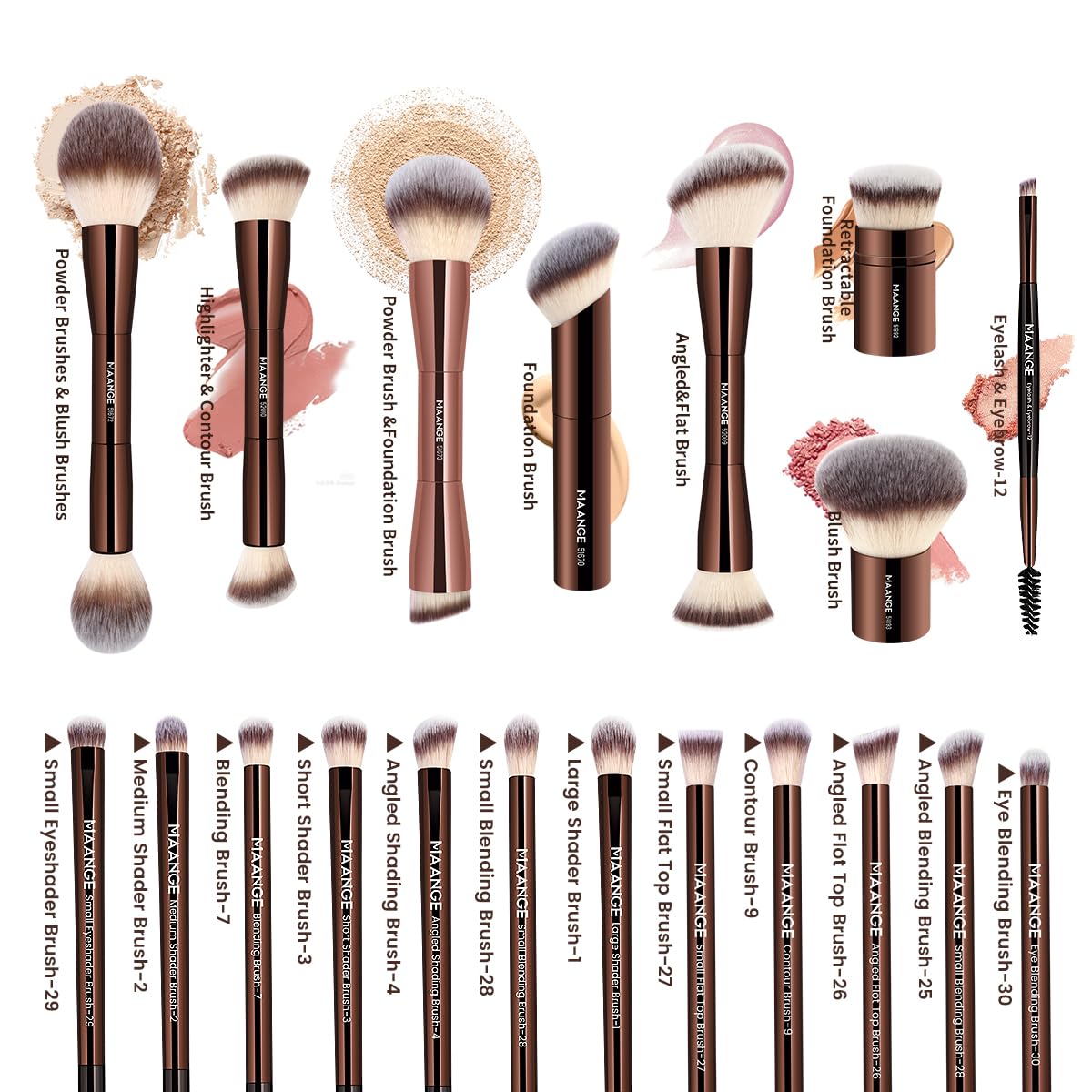 MAANGE 20 PCS Makeup Brush Set with Bag, Double-ended Kabuki Brush Foundation Contour Brush for Liquid Powder Concealer Eye Shadows Cream Cosmetics Blending Blush Face Makeup Tools with Case (Coffee)