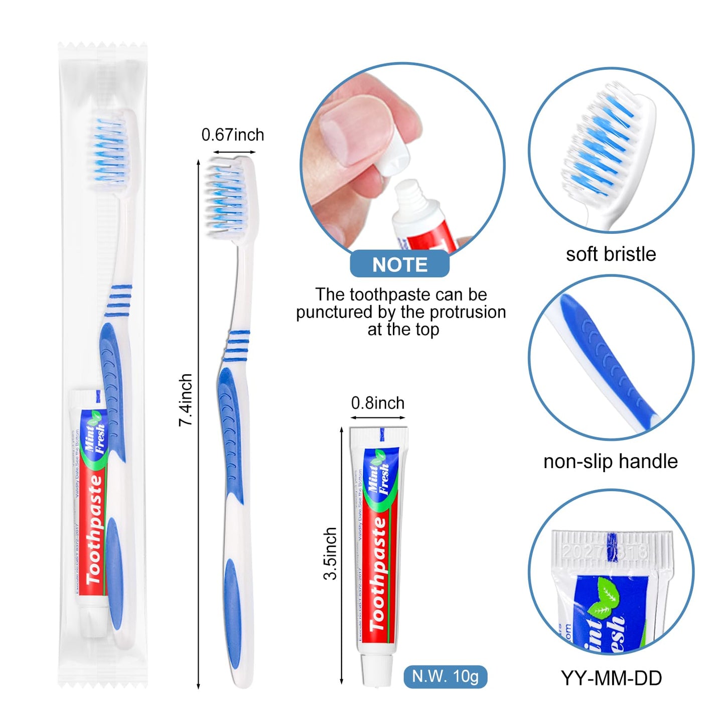 SLequipo Pack of 50 Disposable Toothbrushes with Toothpaste Individually Wrapped, 10g Travel Toothpaste Single Use Manual Toothbrush Kit for Guests Travel Hotel Nursing (50 pcs,5 Colors)