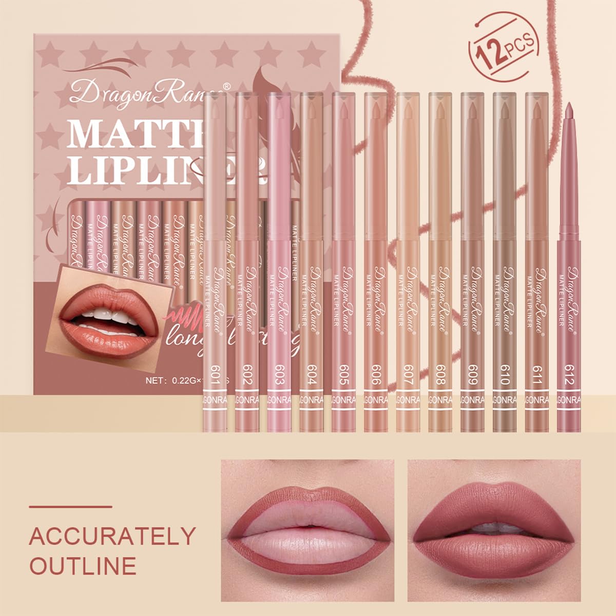 Baorder 12PCS Pink Creamy Matte Lip Liner Pencil Set for Women