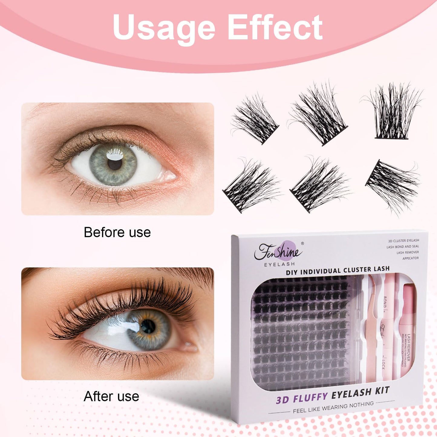 Fenshine Cluster Lashes Individual Lashes Wide Stem C/D Curl 9-15mm Length DIY Eyelash Extension Individual Soft False Lashes for Personal Use at Home (144pcs Mix 9-15MM, Eyelash Extension Kit)
