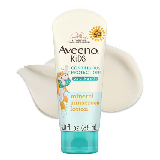Aveeno Kids Continuous Protection Zinc Oxide Broad Spectrum Sunscreen Lotion for Kids’ Sensitive Skin. SPF 50 Oxybenzone Free Sunscreen, Tear- and Sweat-Free and Water-Resistant, Non-Greasy, 3 Fl Oz