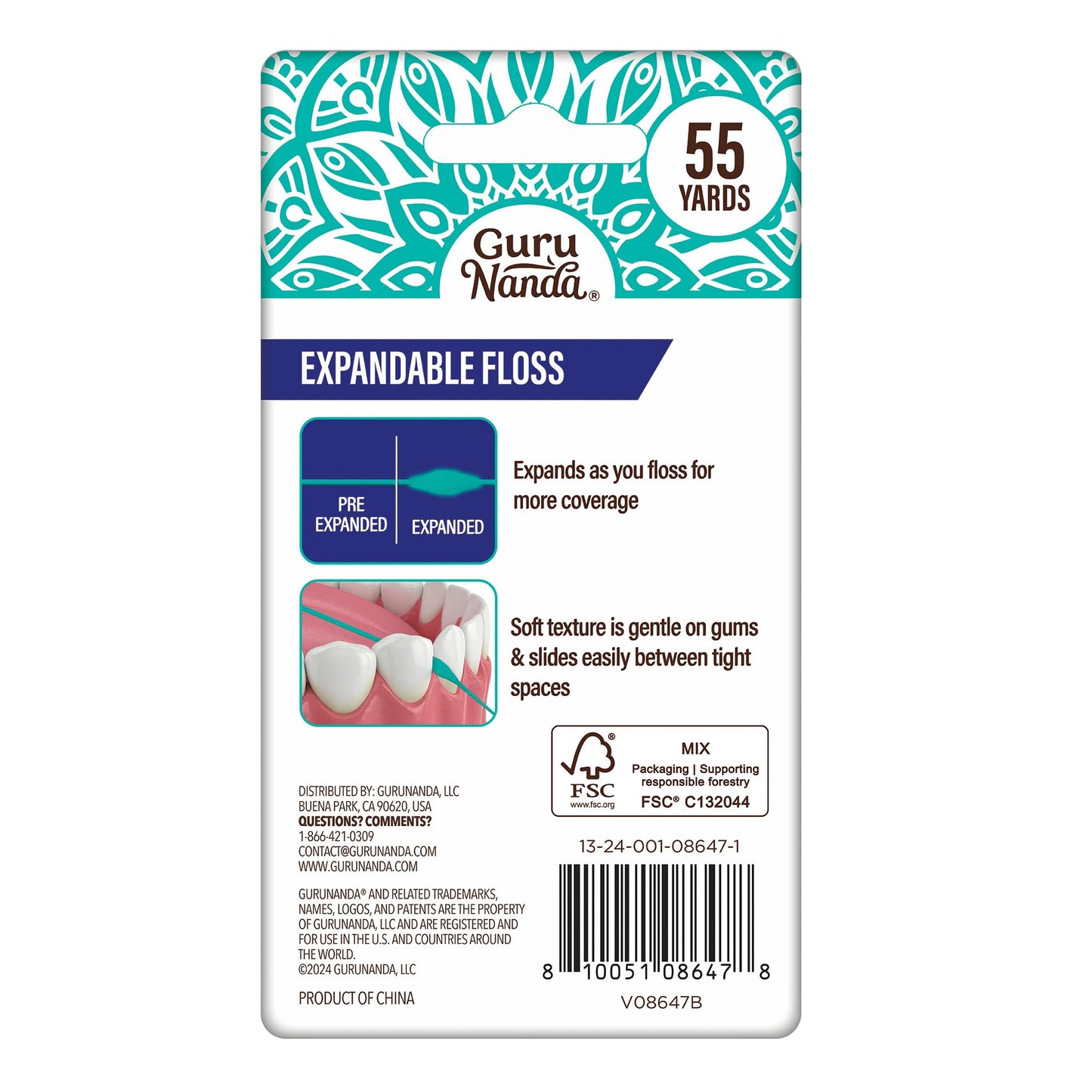 GuruNanda Expandable Waxed Dental Floss for Gentle, Deep Cleaning Wide Teeth Flossing - Peppermint Flavor - 55 Yards, 1 Count