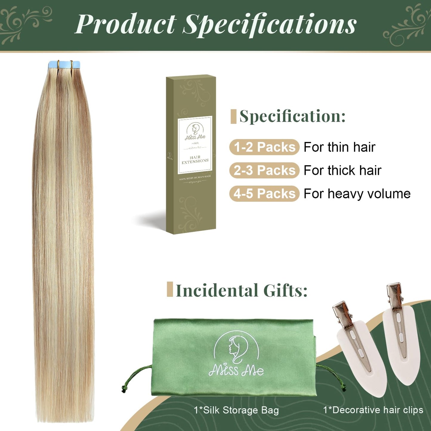 Missme Tape in Hair Extensions Human Hair 16 inch 20 Pcs 40g #P18/613 Ash Blonde Tape ins Human Hair Extensions Remy Hair Skin Weft Seamless Invisible Silky Straight Thick Ends Add Length