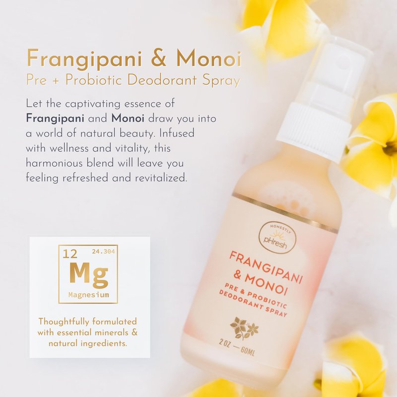 Honestly pHresh Pre & Probiotic Deodorant Spray for Women – Aluminum & Baking Soda Free Natural Deodorant Mist with 24-hour Odor Protection – Vegan, Made in USA - Frangipani and Monoi Scent, 2floz