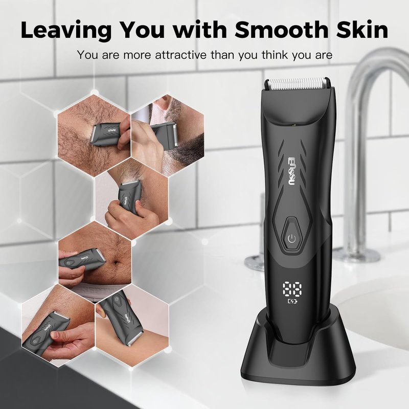 LEMULEGU Men Hair Trimmer with Dual-Blades,Electric Waterproof Body Grooming Shaver,Painless Quiet Hygiene Razor with Standing Charging Dock Black