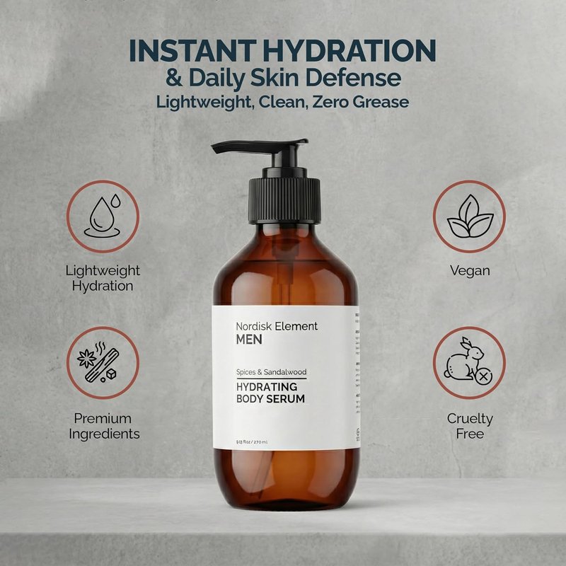 Nordisk Element Body Serum for Men - Lightweight Hydrating Serum with Hyaluronic Acid & Antioxidants | 9.13 Fl Oz, Vegan, Sandalwood Scent