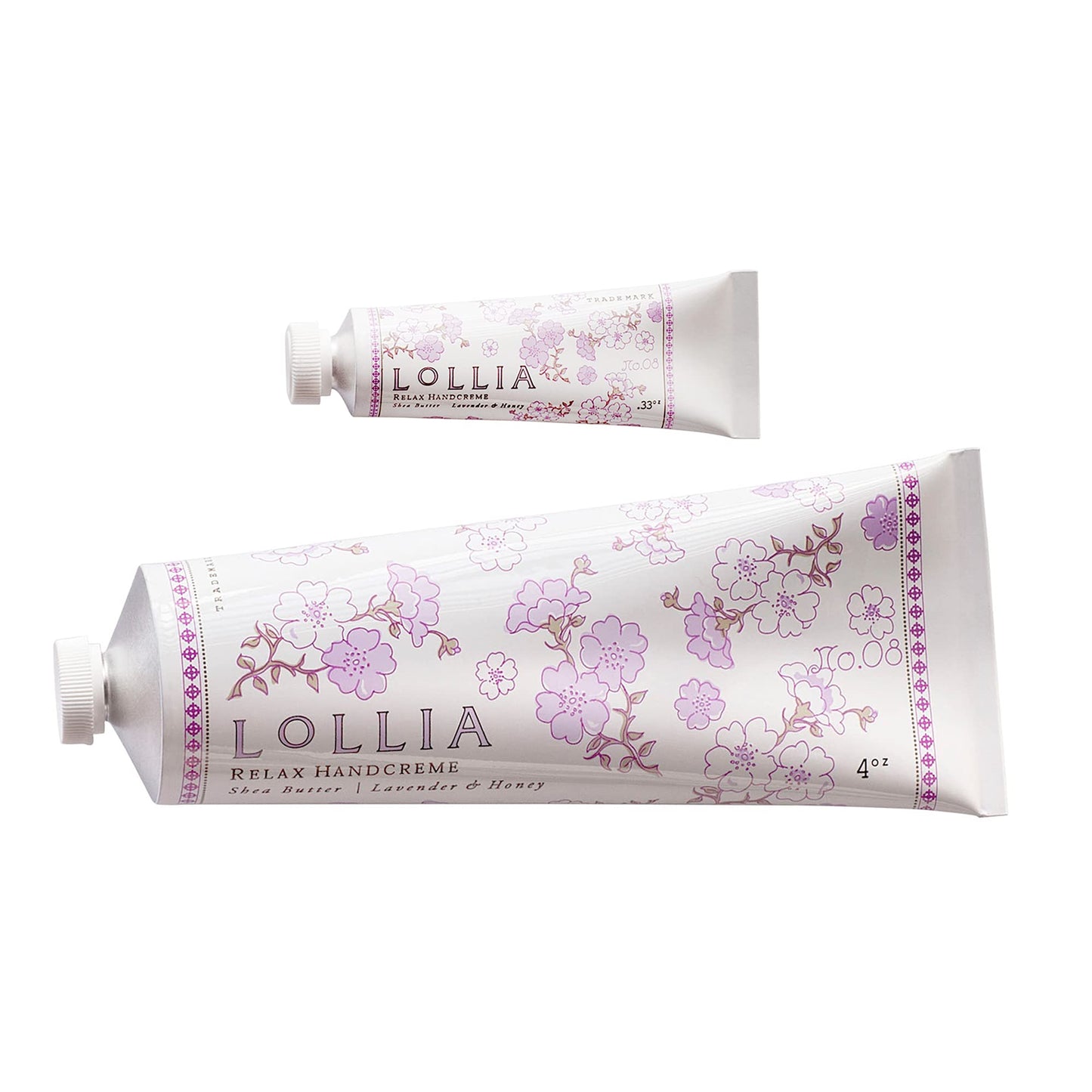 LOLLIA Relax Handcreme Bundle, 4 oz. & .33 oz. – Lavender & Honey – Scented Hand Cream for Women, Moisturizing Hand for Dry Hands, Shea & Cocoa Butter, Quick Absorbing Lotion, Travel Lotion
