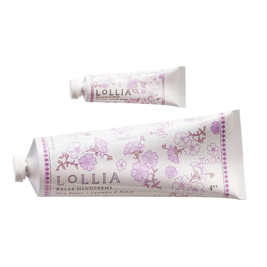 LOLLIA Relax Handcreme Bundle, 4 oz. & .33 oz. – Lavender & Honey – Scented Hand Cream for Women, Moisturizing Hand for Dry Hands, Shea & Cocoa Butter, Quick Absorbing Lotion, Travel Lotion