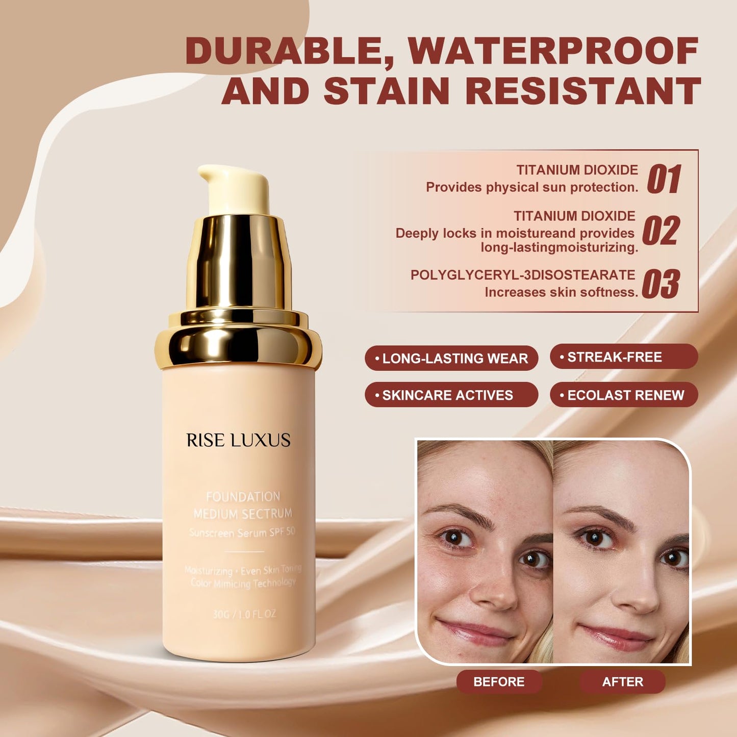 Rise Luxus Ultrablend 4 In 1 Foundation, 2025 New Upgrade Match Skin Color Changed Foundation Liquid With Spf 50,Glowing Hydrating, Waterproof for Makeup