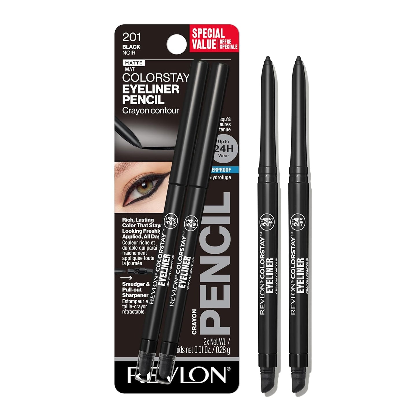 Revlon ColorStay Waterproof Eyeliner Pencil - Smudge-Proof, Long-Lasting Matte Finish | 201 Black, 2-Pack