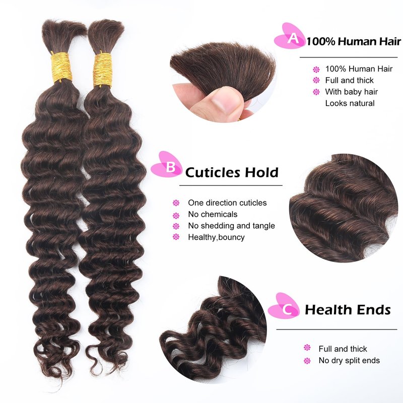 Human Braiding Hair for Boho Braids Deep Water Wave Curly Bulk Human Hair for Braiding Brazilian Virgin Human Hair for Micro Braiding Wet and Wavy Human Braiding Hair 100g 22inch Chocolate Brown