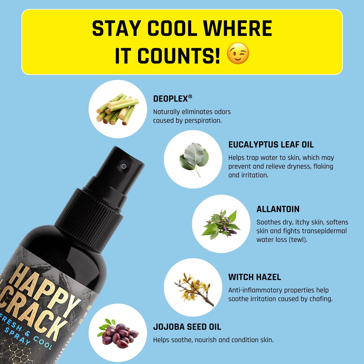 Derm Dude Happy Crack Refresh & Cool Butt Spray | MVP Scent | Deodorant & Odor Eliminator with Soothing Witch Hazel & All-Natural DeoPlex for Odor Control | 2 oz (1 Pack)