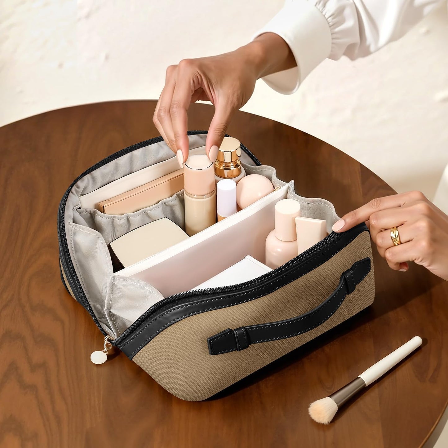 mibasies Flat Lay Travel Makeup Bag for Women, Dual-Zipper Cosmetic Bag, Large Capacity Toiletry Bag with Handle