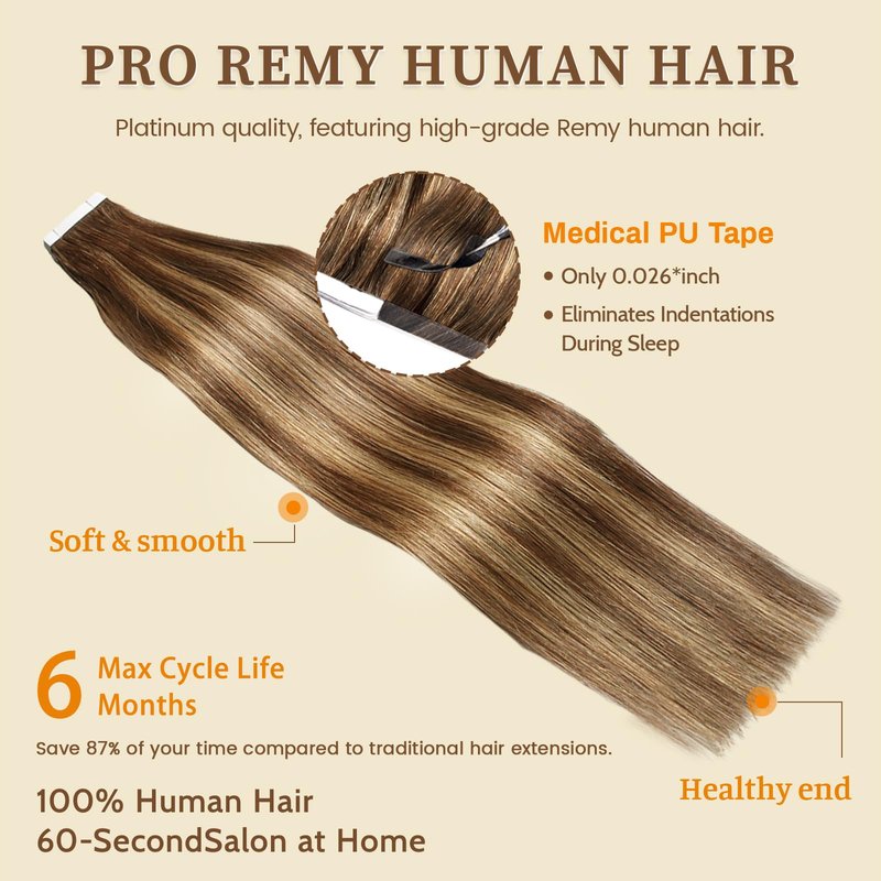 DNE Tape in Hair Extensions Real Human Hair 14 inches 20Pcs/40g/Pack Seamless Dark Brown to Chestnut Brown#T4-P4/27 Straight Invisible Double Sided Tape in Hair Extensions for Women/Girls