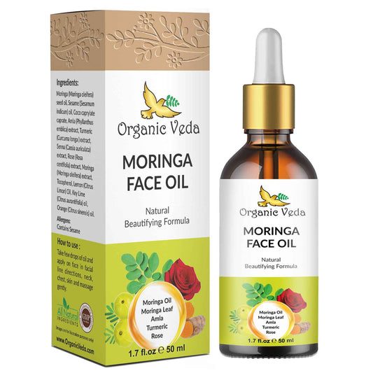 Organic Veda Moringa Face Oil - Hydrating, Fast Absorbing, Miracle Tree Antioxidants, Facial Serum - Organic Moringa Oil, Turmeric, Rose -Anti-Aging, Non-Greasy Day & Night Beautifying Oil -50ml