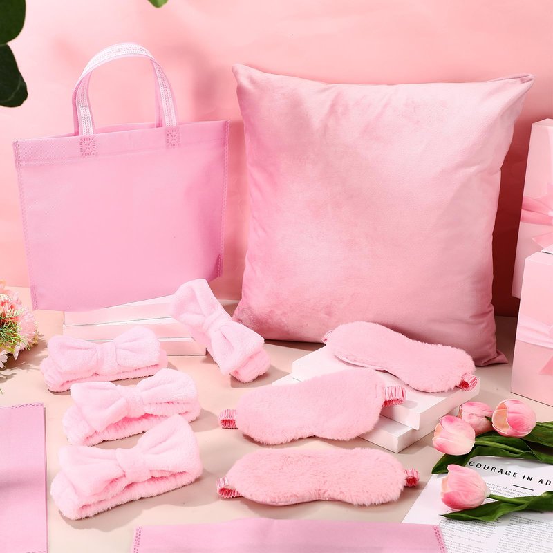 Daifunli 24 Pieces Spa Sleepover Party Supplies for Girls 6 Pink Spa Headband 6 Plush Sleep Eye Mask 6 Pink 18'' x 18'' Velvet Throw Pillow Covers 6 Tote Bags for Slumber Sleepover Party Favor Gift