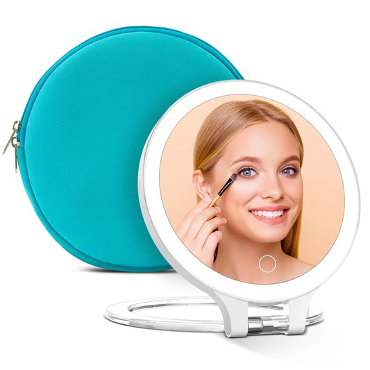 Rechargeable Magnifying Makeup Mirror 10X/1X Double Sided Lighted Travel Makeup Mirror with 3 Color Light Adjustable Rotation, LED Vanity Tabletop Portable Desk Cosmetic Foldable Mirror (No Bag)