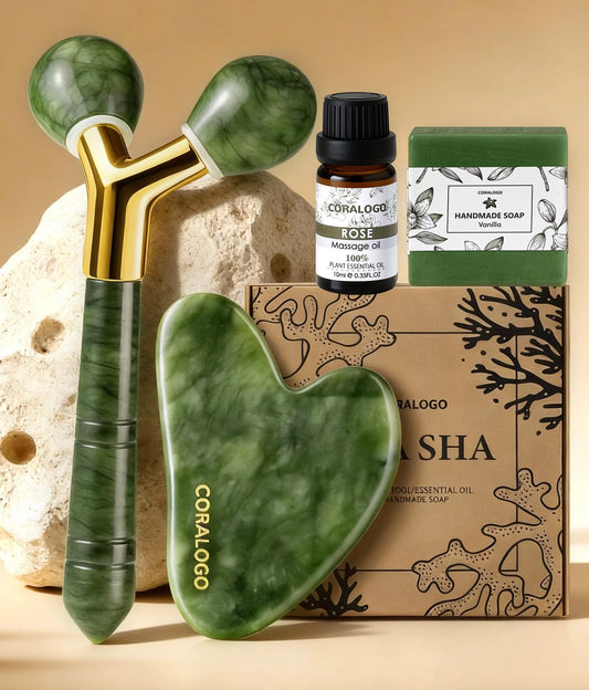 Coralogo Jade Gua Sha Facial Tools - 4pc Face Massager Tools Set with Gua Sha Facial Oil, Soap, Jade Roller for Puffiness Lymphatic Drainage, Self Care Gift for Her Birthday Mother's Day