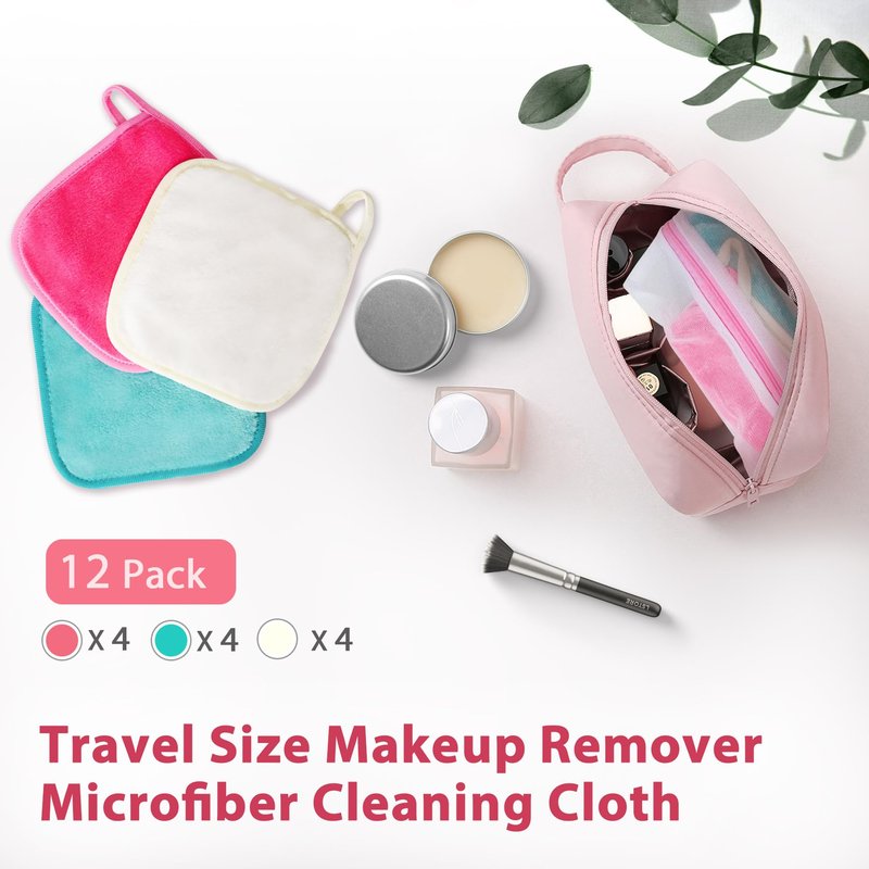 Makeup Remover Cloth, 6" x 6" Make Up Towels Reusable Face Cloth for Washing Face, Makeup Remover Pads Microfiber Face Washcloth with Mesh Bag, Just Water, 12 Pack