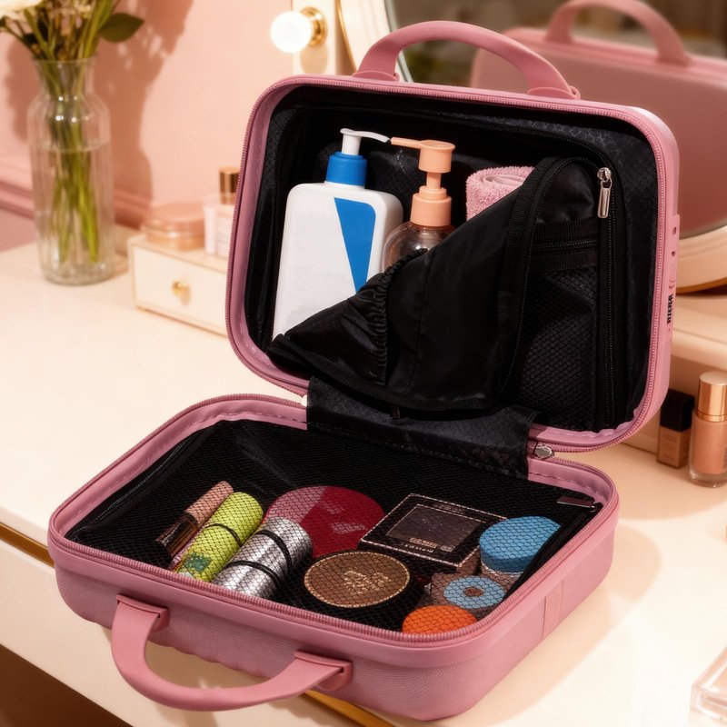 JZRTravel 14 Inch Makeup Train Case with Lock Hard Shell Cosmetic Travel Case w Elastic Strap, ABS Portable Toiletry Bag for Toiletries Make up Storage Case Gift for Women Adult