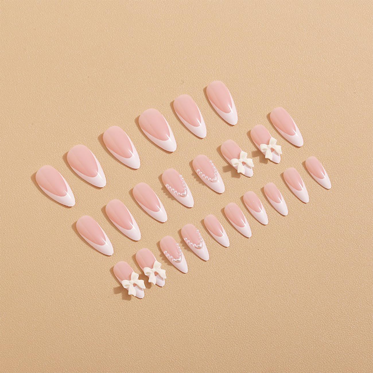 24pcs French Tip Press-On Nails - Short, Charms, Bow, Flower Design, Pink, Cute, Square Shape, Acrylic, Rhinestones