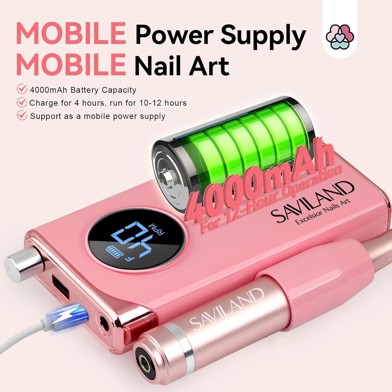 Professional Nail Drill - 40000RPM Rechargeable Electric Filer Kit | Pink, 6000mAh Battery for Acrylic Nails, Home Salon Use