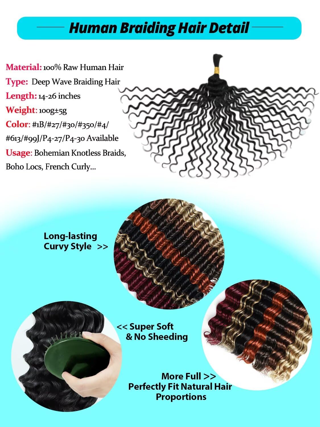12A Human Braiding Hair for Boho Braids 3 Bundles 16 Inch 100g Deep Wave Braiding Hair for Bohemian Knotless Braids 100% Unprocessed Brazilian Virgin Bulk Hair Extensions No Weft Natural Color