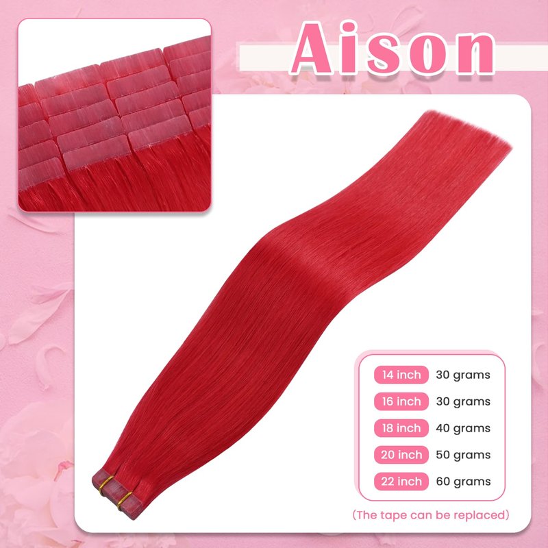 Aison Red Tape in Hair Extensions Human Hair Remy Human Hair Extensions Silky Straight for Women 20 Pcs/Package 18 Inch 40G 100%