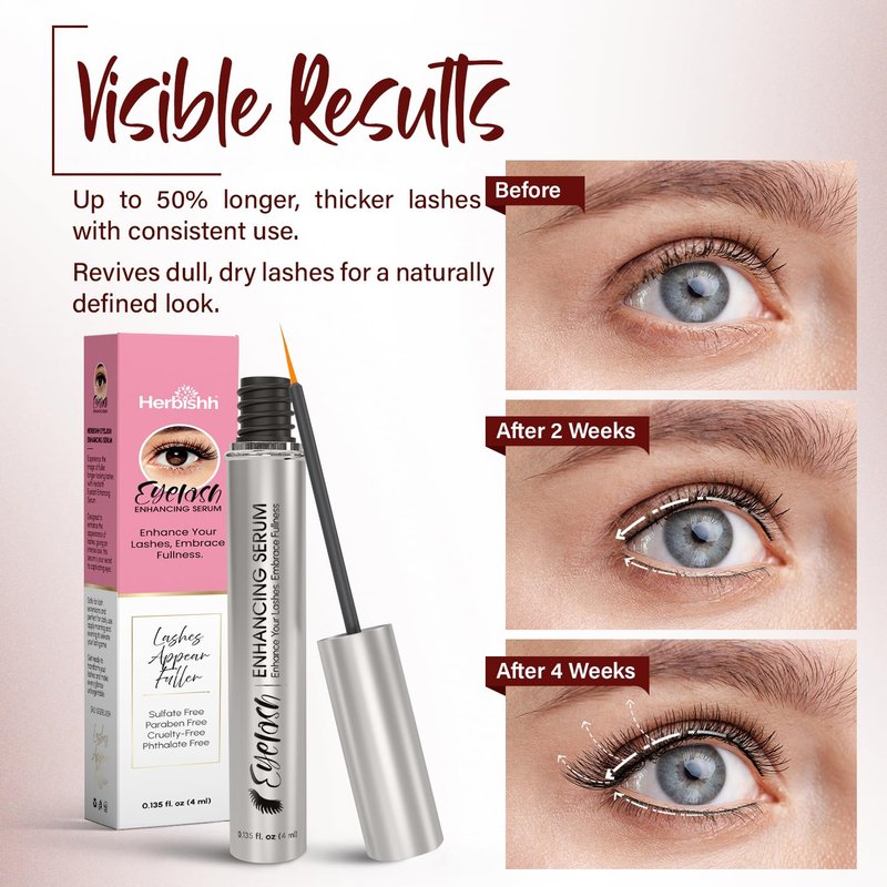 Herbishh Eyelash Growth Serum for Women & Men (0.135 fl. oz), Serum for Eyelash Growth, Peptide Lash Enhancing Treatment, Lash conditioner strengthening treatment for Thicker & Fuller-Looking Lashes