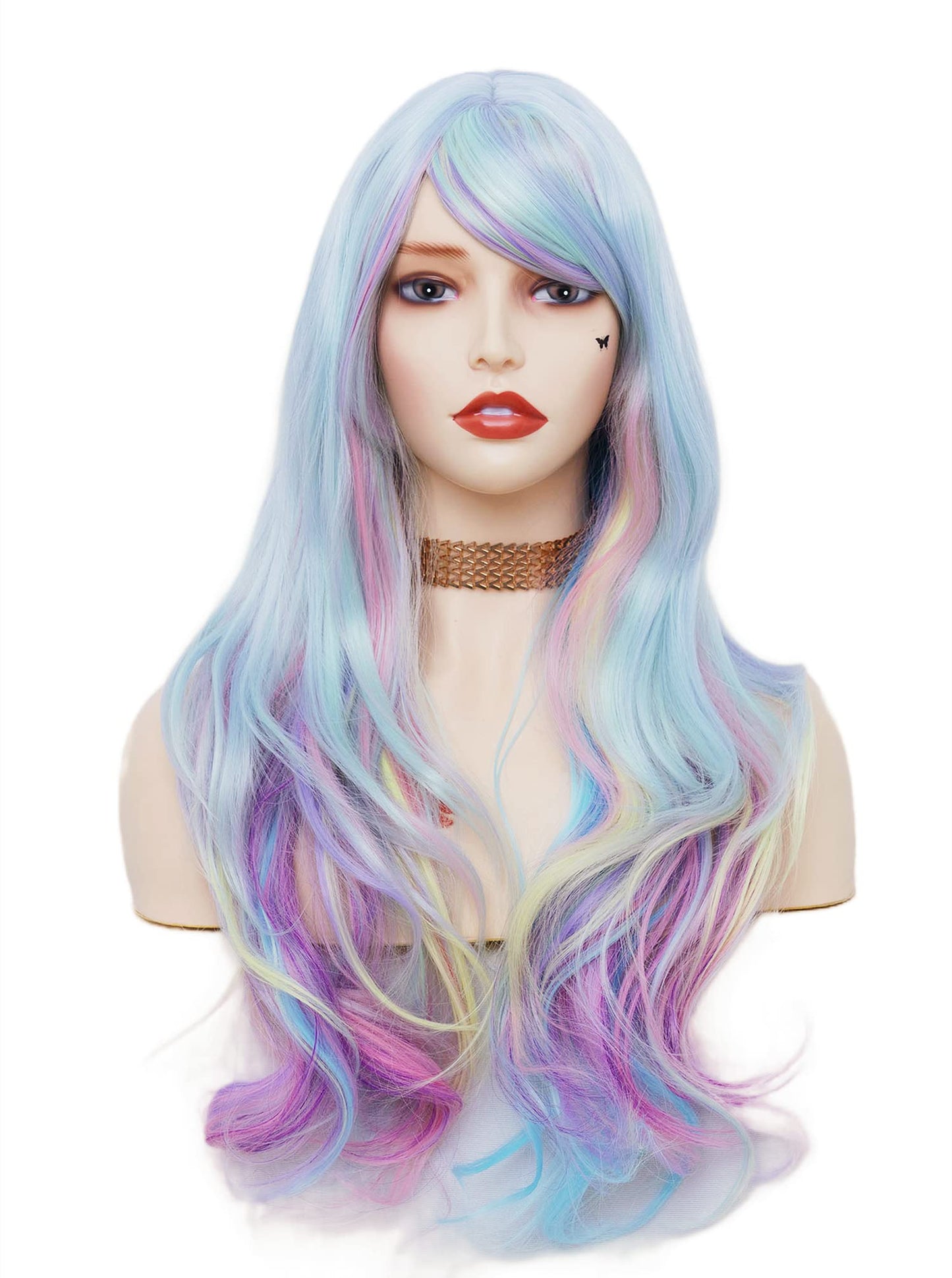 Rugelyss Rainbow Colorful Wigs for Women 26 Inches Long Wavy Fashion Synthetic Full Head Hair Wig with Bangs for Cosplay or Party