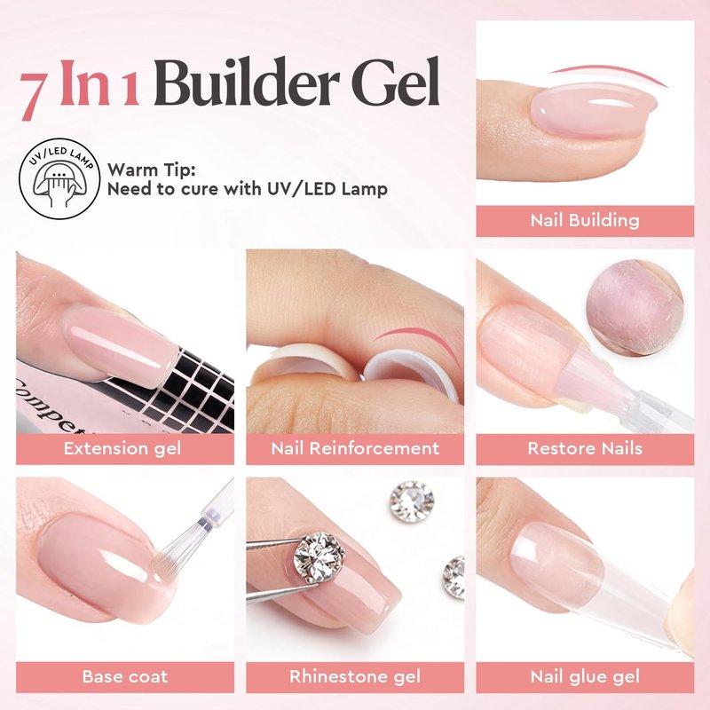 AzureBeauty Builder Gel for Nails, 18ml 7-in-1 Rose Blush Self-Leveling Nail Strengthener for beginners, UV/LED Soak Off Builder Gel for Apex, Extension, Overlay & Rhinestone, Base & Top Coat Needed