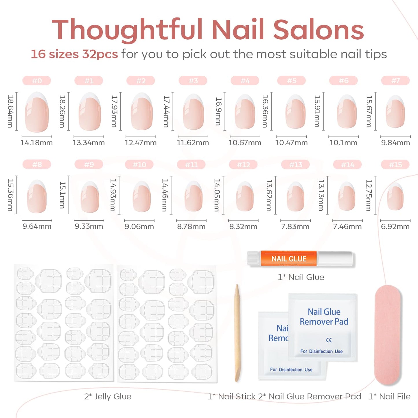 modelones French Tip Press On Nails, Short Oval Fake Nails Press Ons with Nail Glue, Adhesive Tabs, Nail File, Prep Pad, Manicure Stick, 32Pcs 16 Sizes, Nude, Summer Women Girl Gift