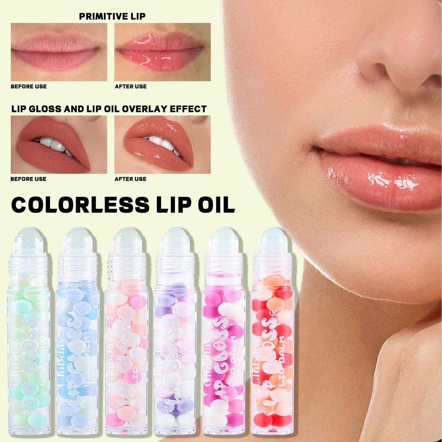 HJXUQIME 6pcs Macaron Rolling Ball Lip Gloss,Transparent Moisturizing Lip Oil,Lip Gloss for Dry and Chapped Lips,Glossy Lip Make-up for All Age