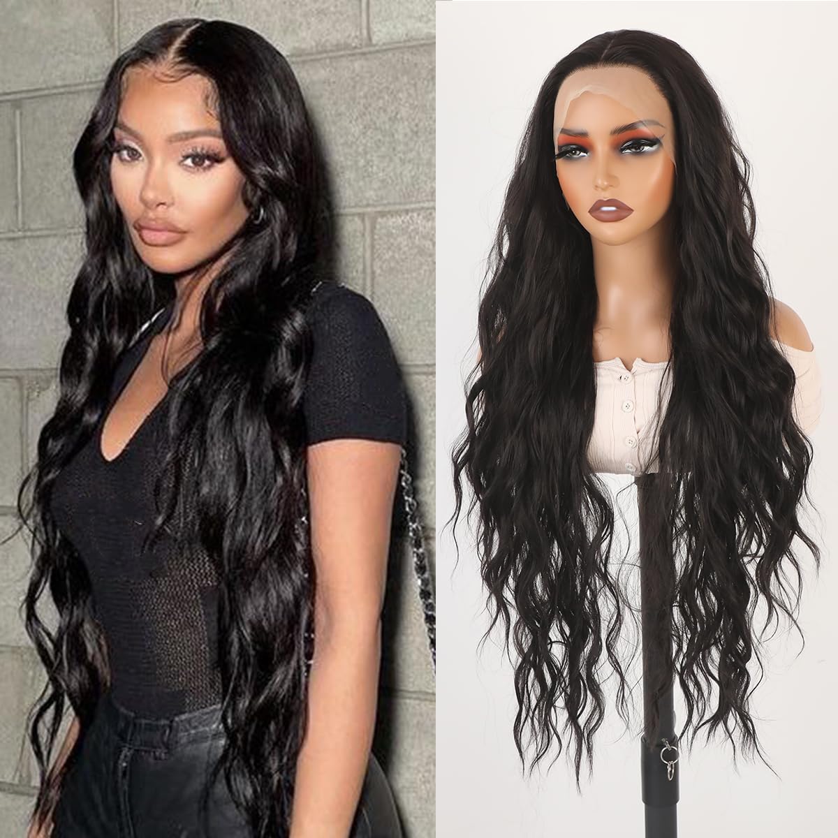 Missyvan Synthetic Lace Front Wig - Glueless Long Wavy Curly Black Hair | 30-Inch Natural Deep Wave
